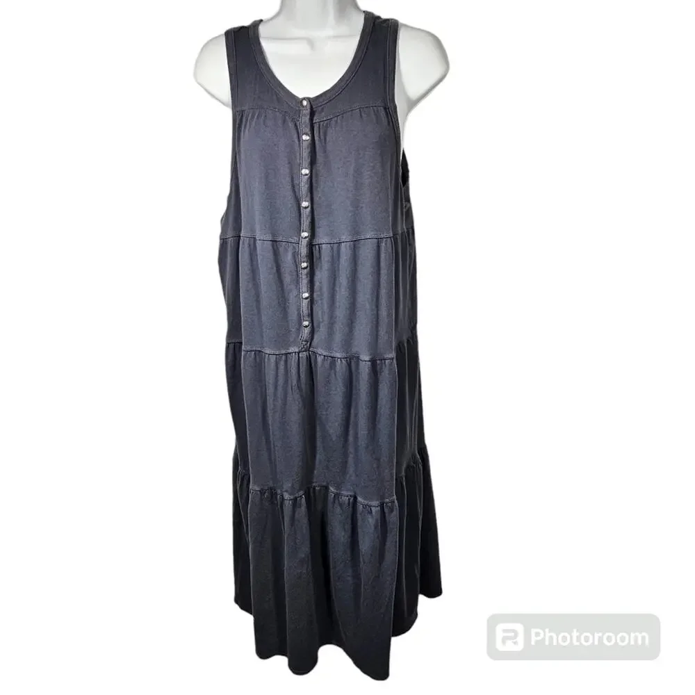 Athleta Drop In Tiered Sleeveless Cotton Blend Dress, Charcoal Gray, Size L